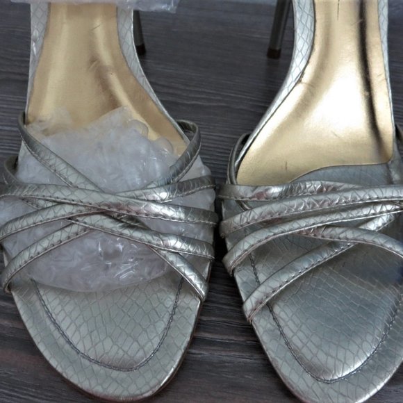 GUESS TINA Silver Reptile Strappy High Heel Sandals 8.5  Gold Charms - Picture 6 of 16